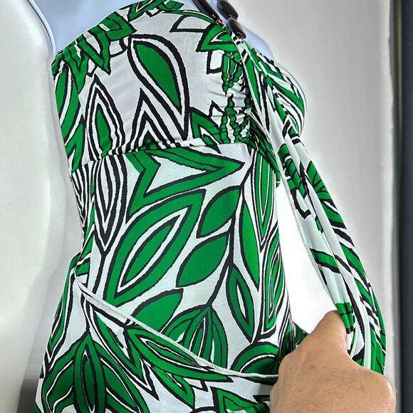 NWT Kitty Halter Dress White Green Leaf Design Six Brown Buttons Size Small - Picture 10 of 15